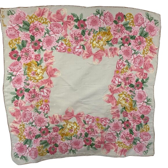 Nina Ricci Floral Pink Silk Scarf 33 Inch Hand Rolled Hem BEAUTIFUL Beige RARE - Picture 6 of 9